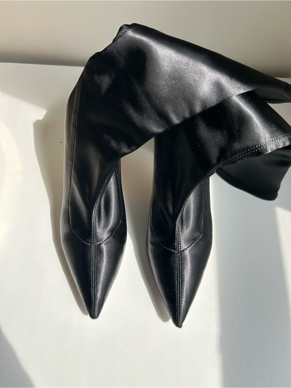 Sigerson Morrison Black Satin Draped Pointed-Toe Boots Size 7 - Picture 7 of 8